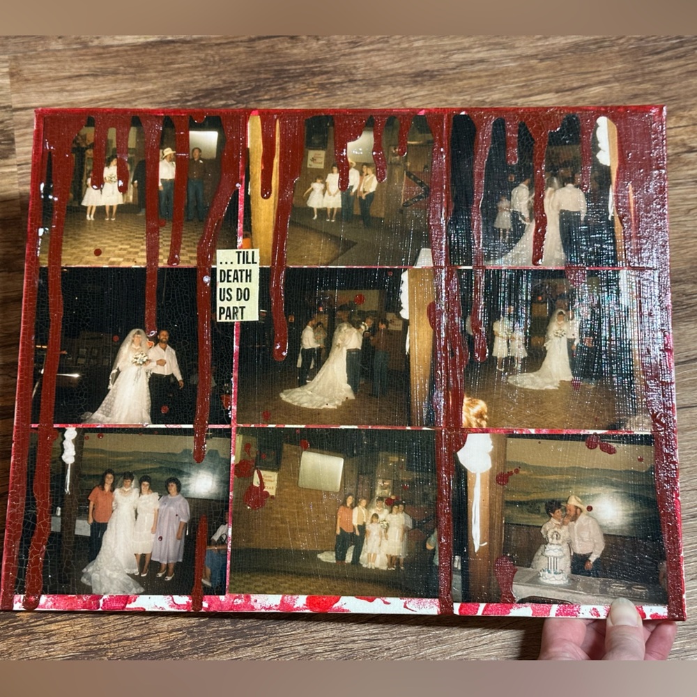 “Country Wedding” collage art on canvas panel 11x14” weird art redneck 1980s